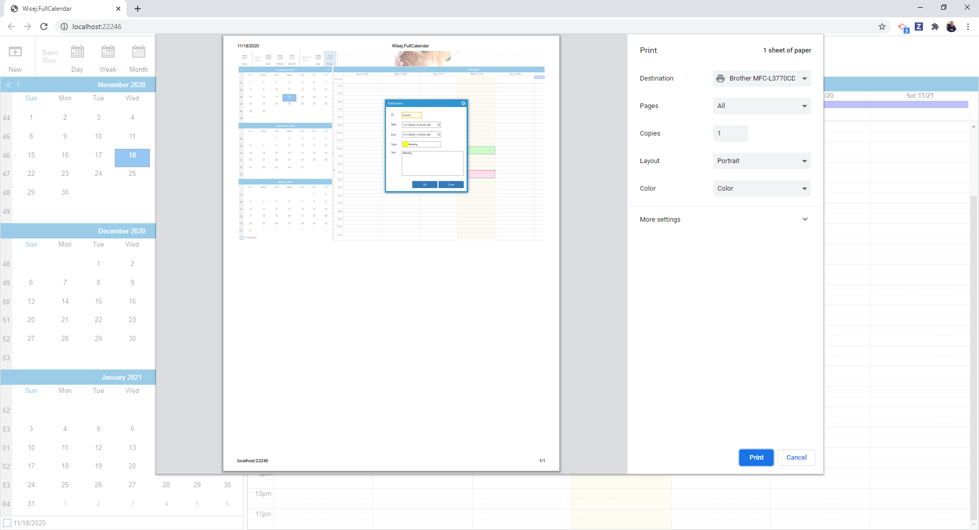 Full print. Includes the main page and any floating window.